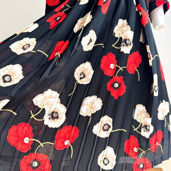 Vintage Allaird s Black Red Ivory Floral Belted Pleated Midi Dress M - Picture 3 of 11